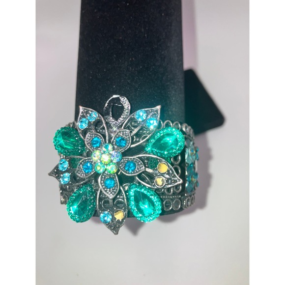Turquoise Floral Rhinestone Cuff 2.25" Bracelet! - Picture 2 of 8